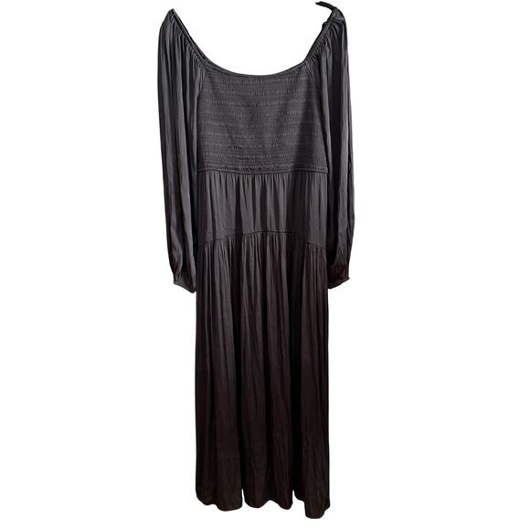 Z SUPPLY Black Wildes Black Satin Tiered skirt Smocked Midi Dress Long Sleeve XL - Picture 2 of 8